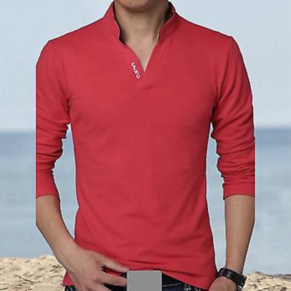Mænd Forår Efterår T-shirt Stående Krave V-hals Langærmet Blød Slim Fit Ensfarvet Blød Åndbar Business Style Mænd Midt Lang Top (3XL Sort)