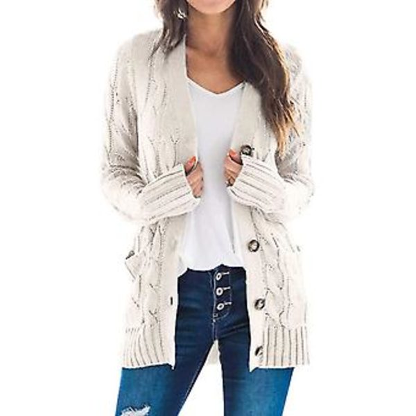 Kvinnors Långärmad Kabelstrickad Cardigan med Fickor, Casual Kavaj, Enfärgad (M Beige)