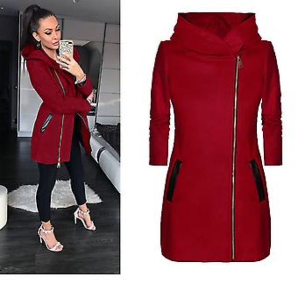 Vinterjakke til kvinder med hætte & lommer Side lynlås Mellem lang frakke (4XL Rød)