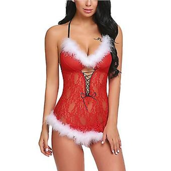 Julklänning för kvinnor, sexig, genomskinlig, glamourös, erotisk nattkläder, spetsnattlinne, damkläder (XL)