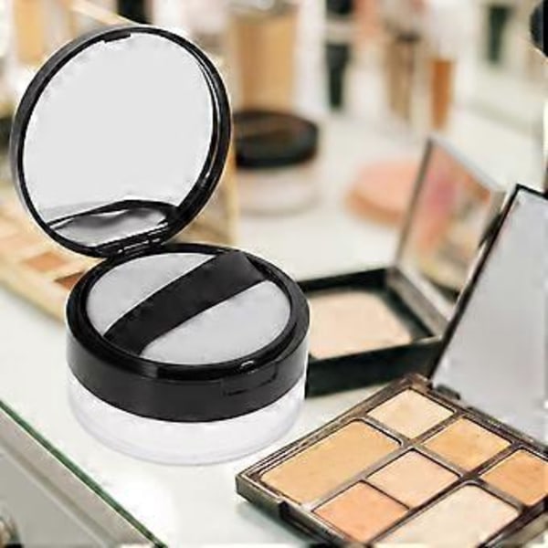 Bærbar Tom Pudderdåse Spejl Løst Puddert Container Makeup Etui med Pudderkvast (Sort)