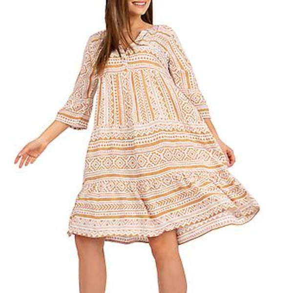 V-hals Lang Kjole til Kvinder 3/4 Ærme Åndbar Mode Løstsiddende Kant Print Kjole til Daglig Casual Fest (XL Gul)
