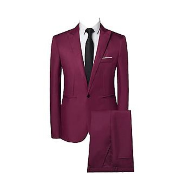 2 osaa/setti Miesten yksivärinen liike- ja työasu, lippalakki, pitkähihainen, yksirintainen bleiseri, slim fit, keski-istuva, pitkät housut (L Viininpunainen)