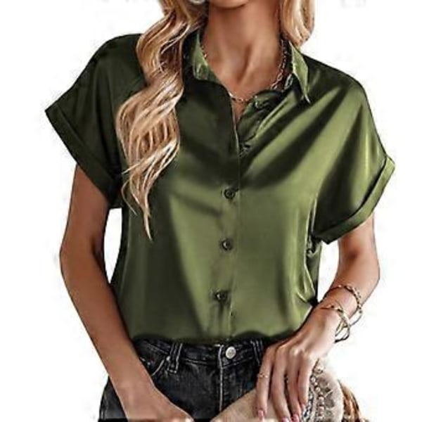Dame Satin Skjorte Sort Grøn Hvid Revers Knap Kortærmet Toppe Løs Bluse(XXL armygrøn)