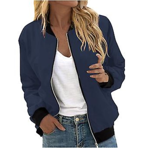 Womens Jackets Lightweight Zip Up Casual Bomber Jacket Coat Stand Collar Short Outwear Tops L Navy