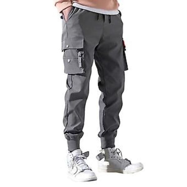 Mænds Sweatpants med Elastisk Linning, Snøretræk og Indstillelige Bukserben - Multilommer, Ensfarvet, Casual Cargobukser (M Grå)