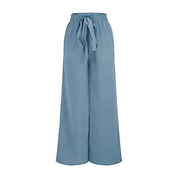 Bekväma Casual Lace Fold Högmidjade Raka Cylinder Byxor i Full Längd för Kvinnor M Blå