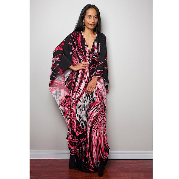 Kvinnors tryckta maxiklänning fladdermusärm strandklänning plus size sommarklänning strandkläder kaftan cover-ups Dn0529