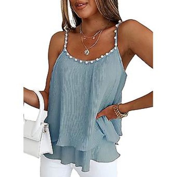 Dame V-hals Tanktop med Perle Kant Dobbeltlags Rufflet Kant Justerbar Spaghettirem Camisole Stor