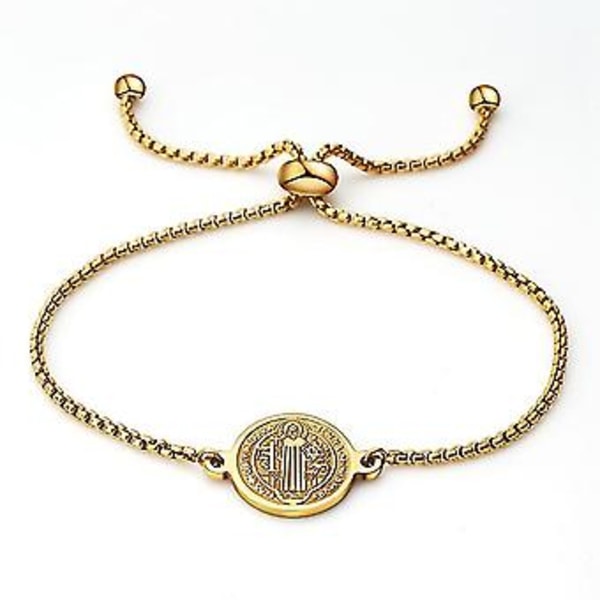 Stainless Steel St Benedict Medal Bracelet Metal San Benito Bracelet Adjustable Box Chain Bohemia Bracelet ( gold st charm)