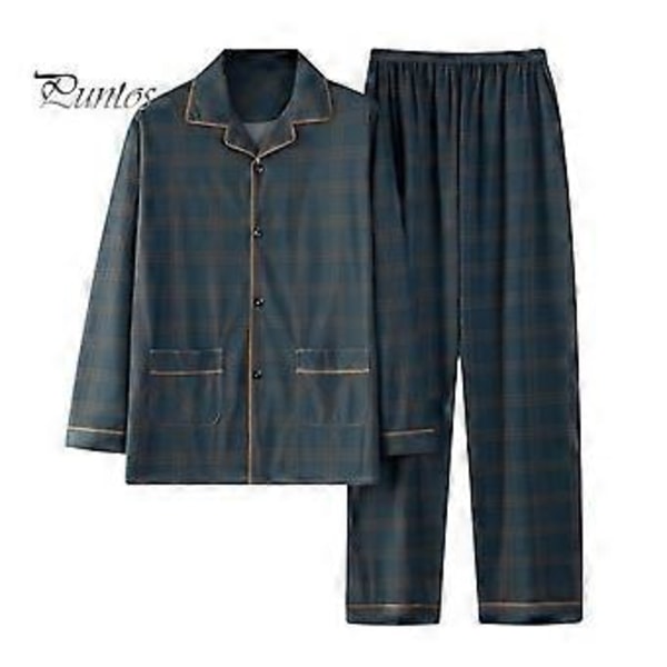2-delat Pyjamasset för Män Rutigt Tryck Kavajslag Långärmad Enkelknäppt Skjorta Elastisk Midja Långbyxor Set Lös Passform Loungewear Kostym (XXXL mörkgrön)