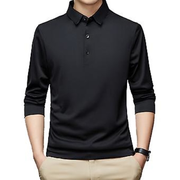 Fianao Skjorte med Knapper ved Halsudskæring, Langærmet, Ensfarvet, Herre, Efterår, Slim Fit, Rever, Kontor, Trøje (L Sort)