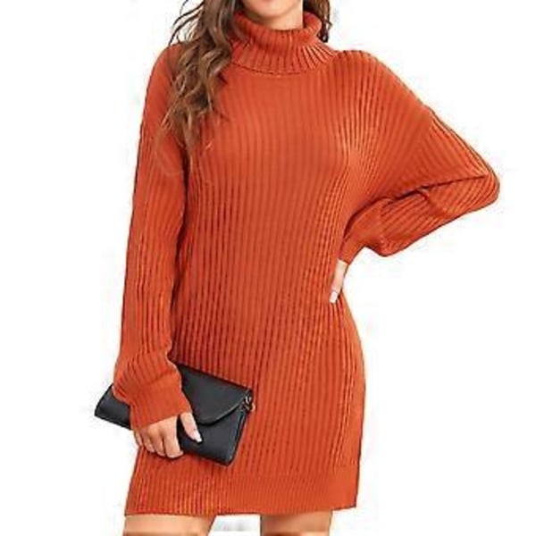 Kvindesweaterkjole med høj hals til efterår og vinter - Casual løs lang kjole med pufærmer og ribknit (XS Lys Kaffe)