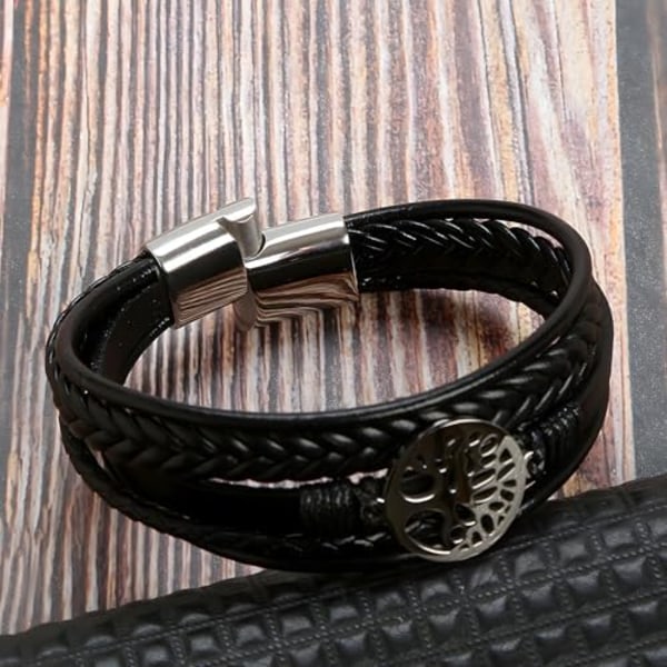 Livets Træ Læderarmbånd til Mænd, Multi-Layer Flettet Religiøse Boho Damearmbånd med Rustfrit Stål Lås