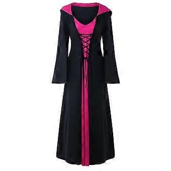 Dame Halloween Hette Lace Up Patchwork Langermet Lang Kjole i Plus Size (L Hot Pink)