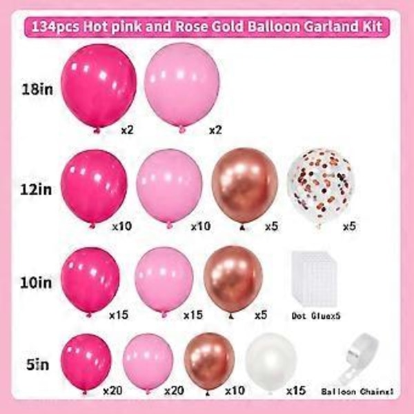Pink Ballonbue-Kit med Forskellige Størrelser, 134 stk. Hætte Pink Metallic Rosenguld Konfettiballoner til Prinsessetema, Babyshower, Fødselsdag, Bryllup