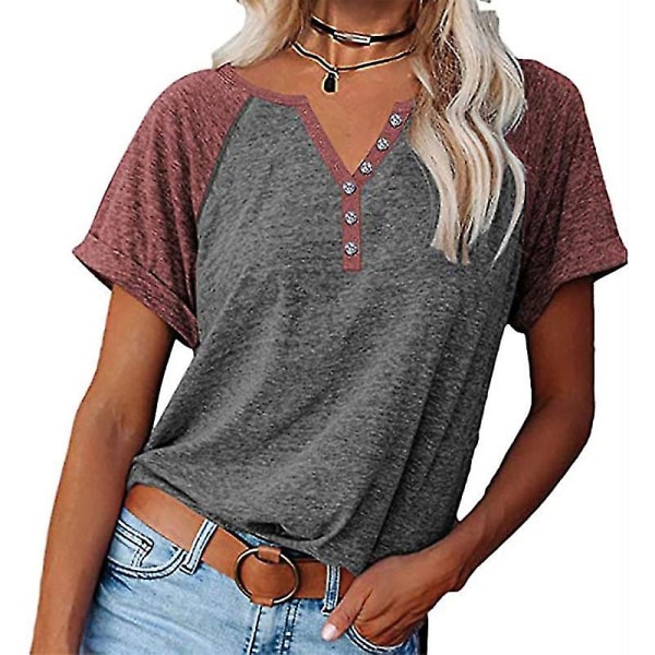 Women Summer Colorblock V-neck Short Sleeve T-shirt Dark Gray Dark Gray L