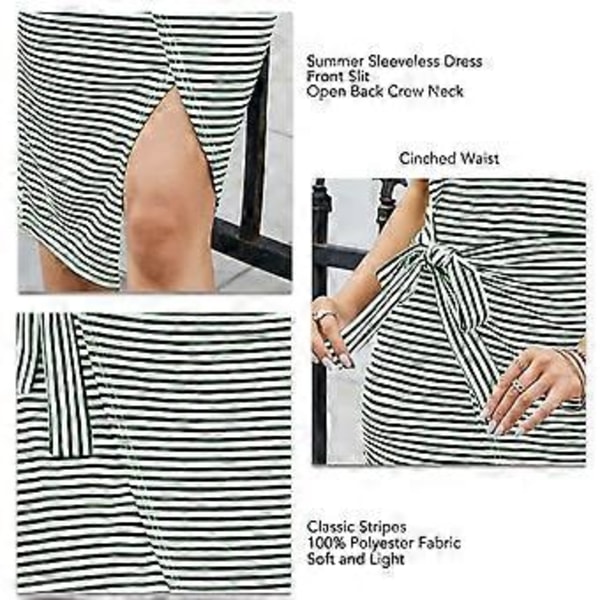 Dame Casual Ærmeløs Kjole Stribet Vest T-shirt Kjole Taljebånd Design til Sommer Grøn og Hvid M