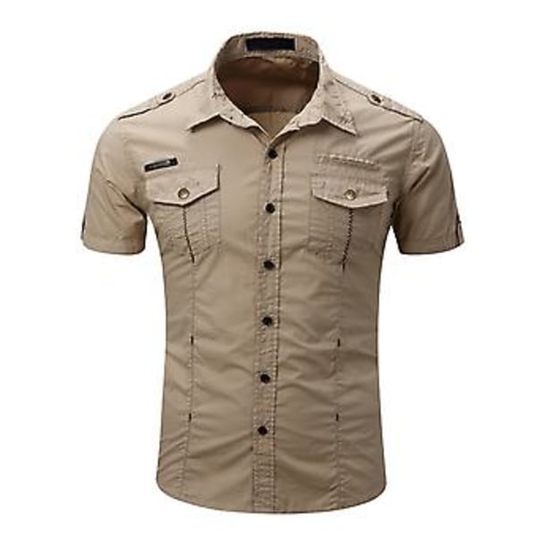 Fianao Herrskjorta Enfärgad Enkel Casual Nedåtvänd Krage Ficka sommartröja Dagliga Kläder (M Khaki)