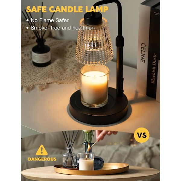 Lysvarmerlampe med timer, justerbar høyde lysvarmer, dimmbar, hjemmedekor, voksvarmerlampe for krukke-lys med 2 pærer, svart