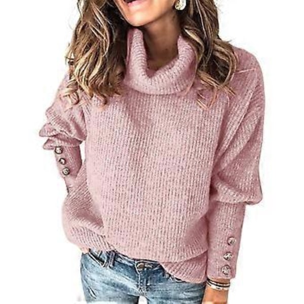 Naisten Yksinkertainen Pitkähihainen Neuloitu Ribattu Pusero Korkea Kaulus Neuletakki Talvi Lämmin Pusero Löysä Yläosa (2XL Pinkki)