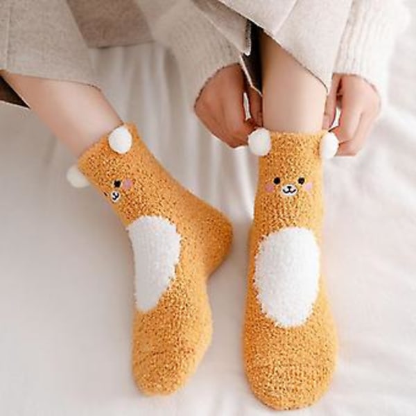 Damskoraler Sammets Fuzzy Varma Sovsstrumpor Kawaii Cartoon Bear För Katt Mus Panda Djur 3d Öron Fluffig Vinter Jultofflor Strumpbyxor (Gul)
