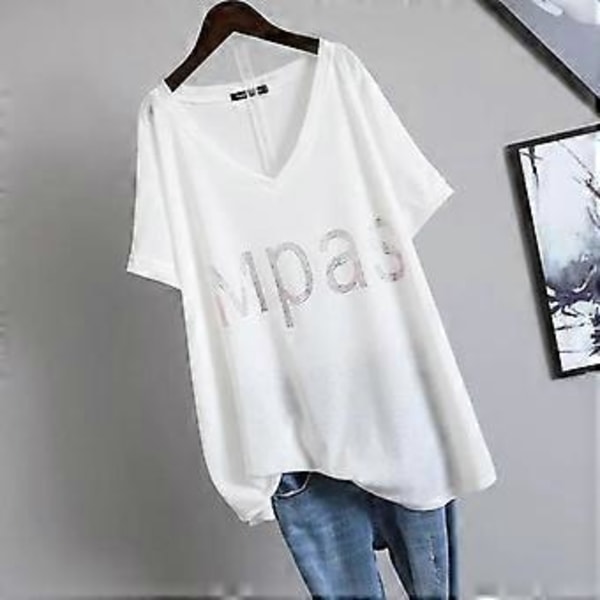 Ekstra Stor Størrelse T-shirt Dame Sommer V-hals Tøj Mode Løs Diamantbesat Bogstav Kortærmet T-shirt Dame (M tan)