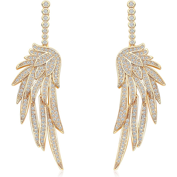 S925 Sterling Silver Post Dangle Drop Ängelvingar Örhängen för Kvinnor Guld Blå Cubic Zirconia Kristall Guardian Angle Dan