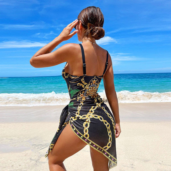 One Piece badedragt med cover up sæt - Bohofeel kæde print push up badedragt med strand nederdel sexet badetøj S hvid