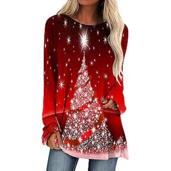 Ladies Womens Christmas Print Tunic Tops Long Sleeve Casual Baggy Round Neck T-shirt Xmas Blouse Party Gifts(2XL A)