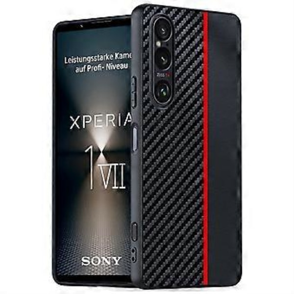 Til Sony Xperia 1 VII Etui Læder + PC Hårdt Telefon Cover Kulfiber Tekstur (Sort/Rød)