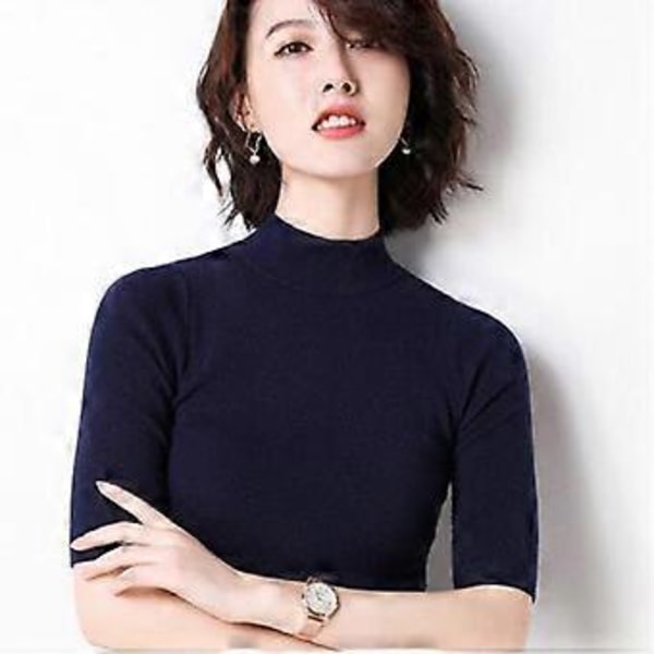 Cashmere turtleneck kortærmet strikket pullover T-shirt base T uld cashmere sweater til kvinder (S navy blå)