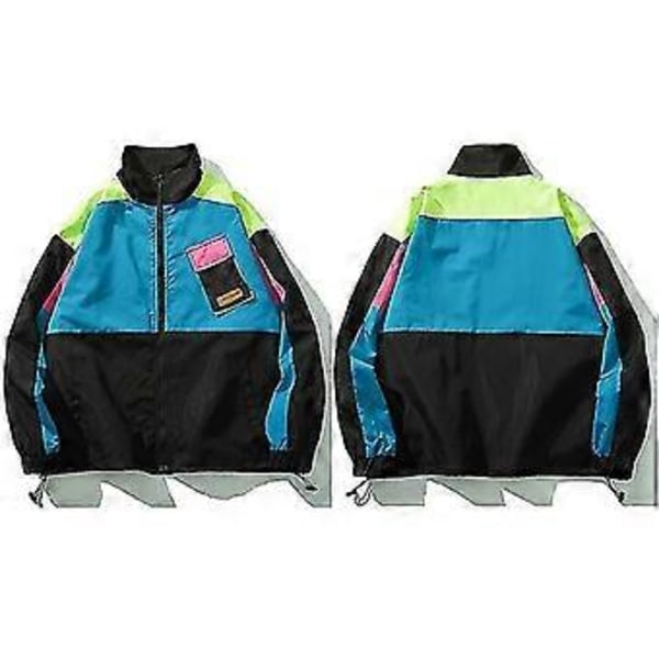 Herr Hip Hop Streetwear Jacka Retro Färgblock Patchwork Harajuku Jacka Vindjacka Överdimensionerad Spårjacka Fick Höst Hög Kvalitet (M Svart)
