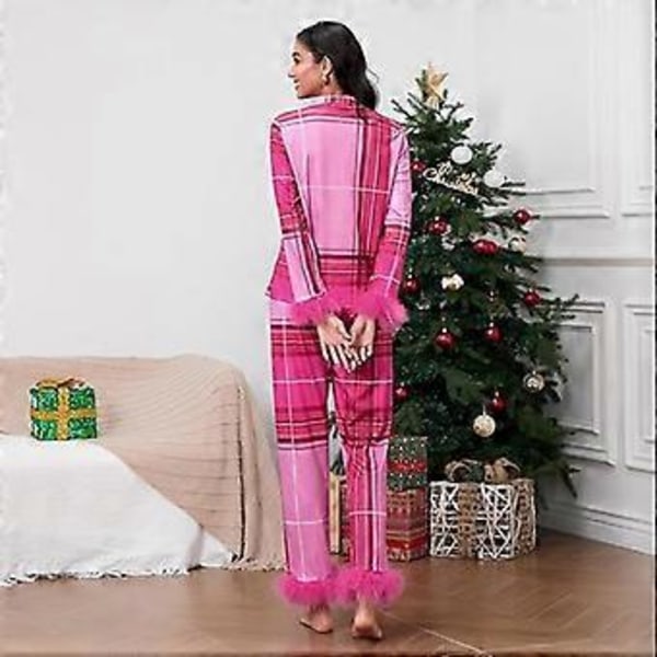Dam Pyjamas Set med Fjäderkant Långärmad Knappuppslagen Topp Byxor 2-delad Loungeset Satin Pjs Pyjamas Nattkläder (2XL Rosaröd Rutiga)