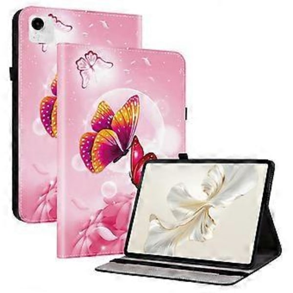 För Honor Pad X9a Läderfodral Mönstertryckt Ställ Tablet Skydd med Kortfack (Rosa Fjäril)
