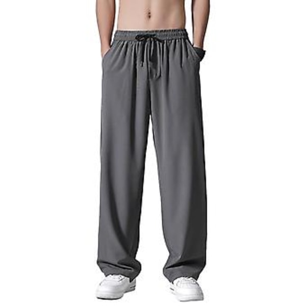 Bukser til mænd med elastisk snøreliv, lommer, draperet design, sommer, ensfarvet, lige, brede ben, tynde bukser (2XL Mørkegrå)