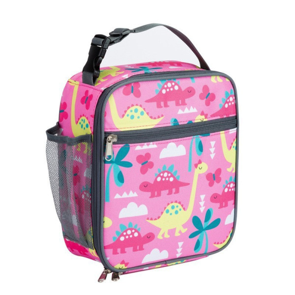 (Pink) Dinosaur Insulated Lunch Bag with Side Mesh Pocket for Kid