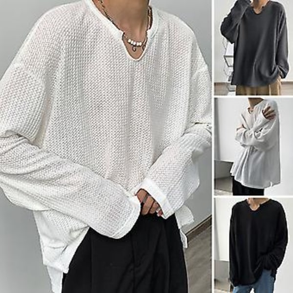Mænd Forår Efterår O-Hals Langærmet Trøje Solid Farve Løstsiddende Waffle Struktur T-shirt Streetwear (2XL Sort)