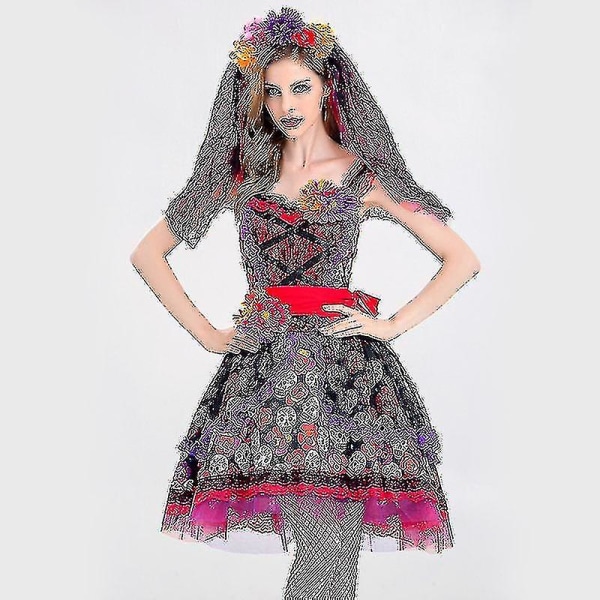 Röd ros Print Ghost Bride Cosplay Cosplay Påsk Gaudy Bride Dress Performance Dress (klänning+pannband+bälte 2XL