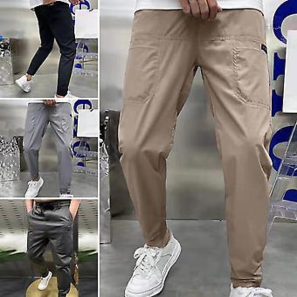 Män Byxor Elastisk Midja Flera Fickor Brev Broderi Ankel Längd Daglig Användning Solid Färg Slim Fit Is Silke Män Pencil Byxor Män Kläder (38 Grå)
