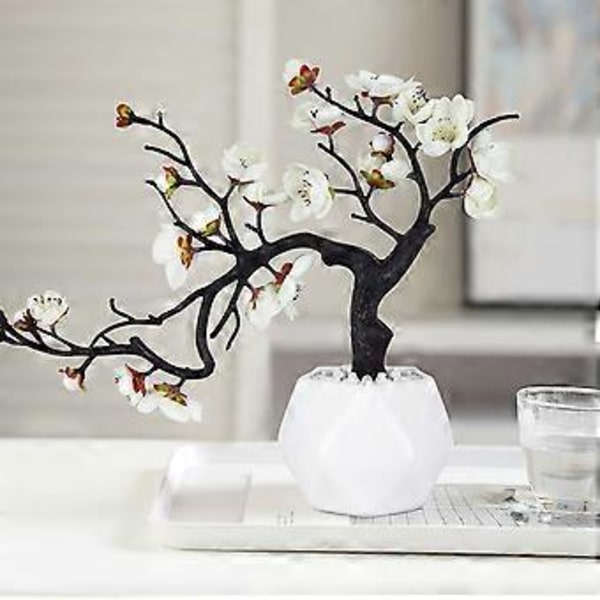 Kunstig Silke Glansende Blomme af Sveske, 1 Pakke Simulerede Blomster med Keramik Vase, Kunstig Potteplante til Hjem Bryllup Kontor DIY Stue Fest