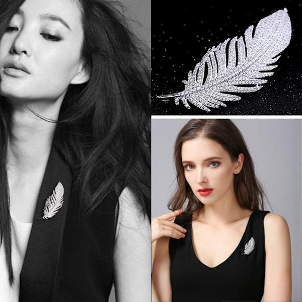 Rhinestone Feather Broscher Pin för Kvinnor Män Mode Kristall Delikat Blad Brosch Kavajslag Stift Eleganta Klänningstillbehör