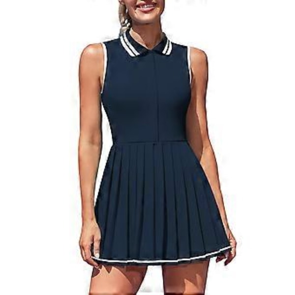 Charmleaks Dame Tennis Kjoler Ribbestrikket Polo Golfkjole Halv Glidelås Plissert Treningskjole med Innebygde Shorts og BH (XS marineblå)