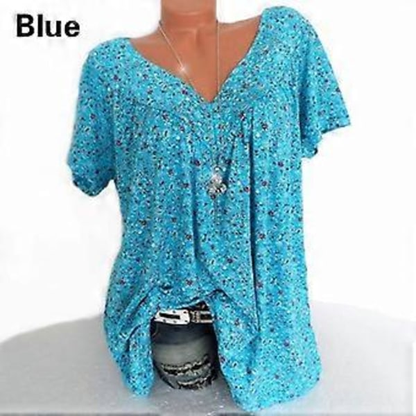 Dam Plus Size Tryckt Kortärmad T-shirt V-ringad Topp Sommar Ledig Lös (2XL blå)