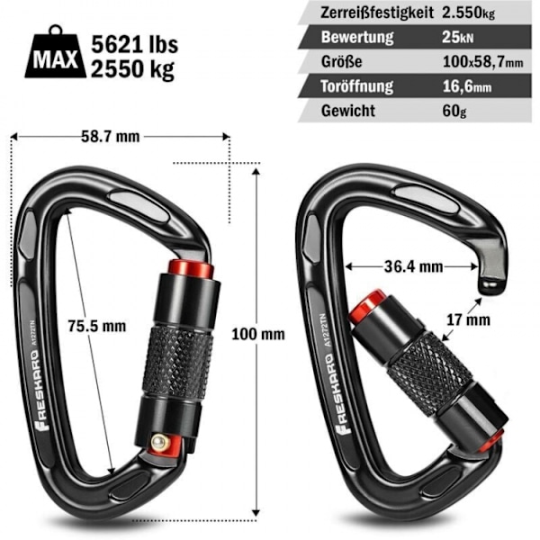 4 stk. klatrekarabiner, automatiske låsekarabiner, 25kN-2550kg