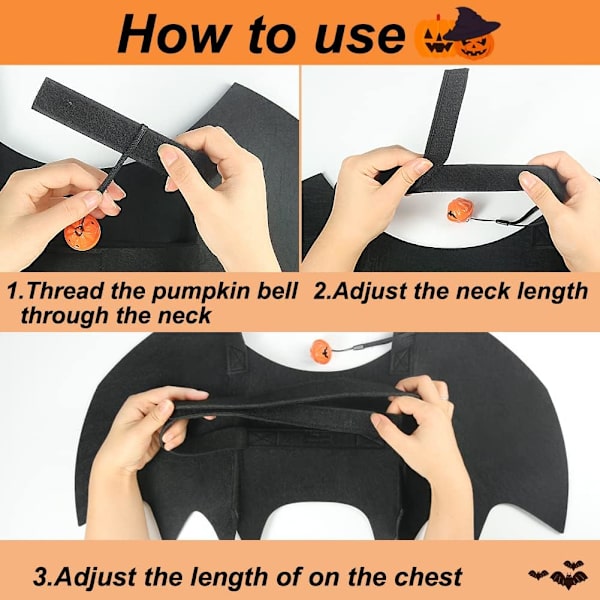 (S) Katteflagermusvinger, Halloween-kostume til kat med græskarbjælde, justerbar