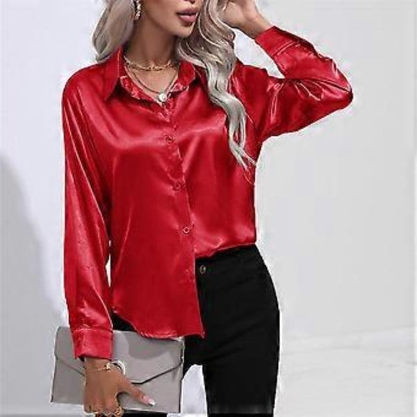 Vår Høst Sateng Bluse Imitert Silke Langermet Skjorte for Dame Plus Size Løse Topper (M rød)