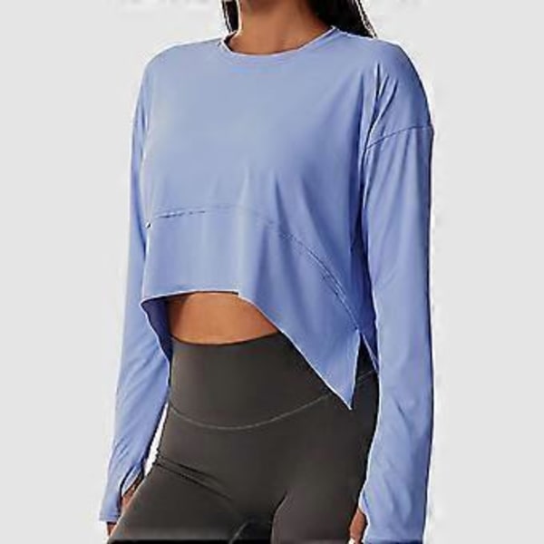Kvinders Langærmet Træningsskjorte Løstsiddende Tommelhul Flowy Strækbar Yoga Atletisk Casual Top (XL Blå)