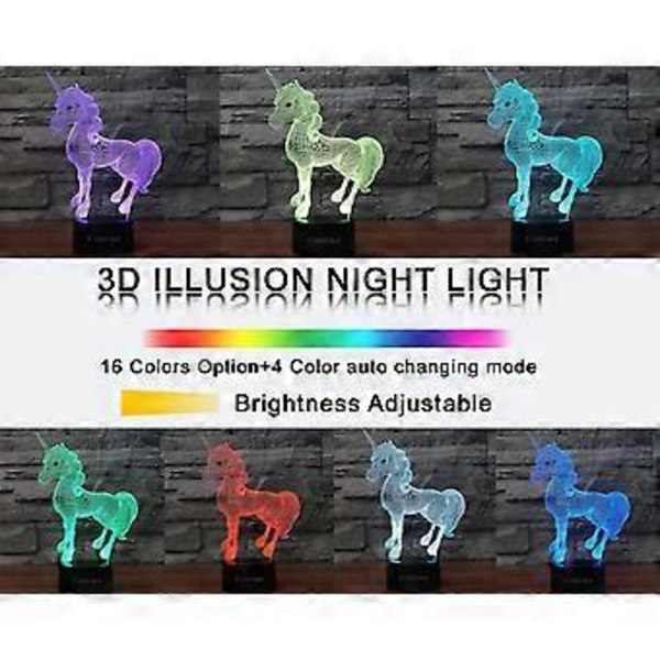 Enhjørning (D) 3D Illusions nattlys leker, 16 farger skifter smart berøring og fjernkontroll, hjemmedekor LED nattbord skrivebordslampe, jul bursdag