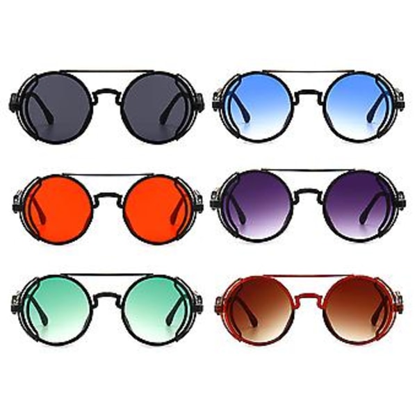 Unisex Retro Gothic Steampunk Solglasögon för Kvinnor Män Vintage Runda Linser Metallram Hippie Glasögon (Te)